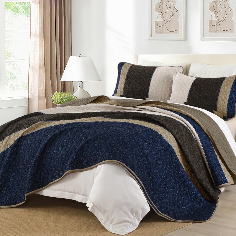 Cottolester Quilt Set Queen Size 3 Pieces,Striped Plaid Bedspread Coverlet Set,Brown Blue Boho Bedding Set Soft Microfiber Bedding Set with 2 Pillow Shams 96"x90" - Image 3