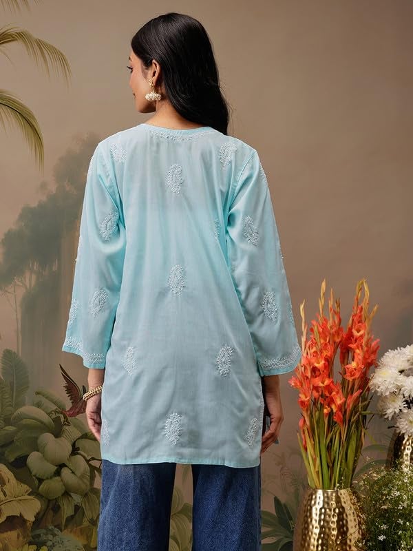 Ada Hand Embroidered Blue Cotton Short Kurta Kurti Lucknow Chikankari Top Tunic for Women A911462 (M) - Image 2