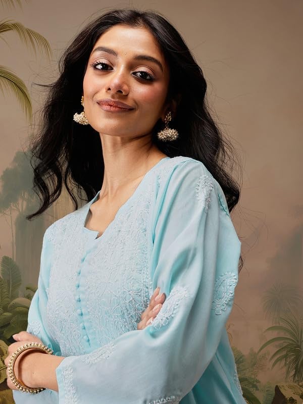 Ada Hand Embroidered Blue Cotton Short Kurta Kurti Lucknow Chikankari Top Tunic for Women A911462 (M) - Image 5