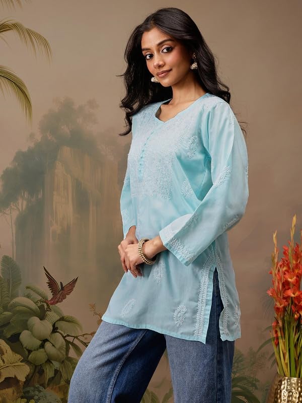 Ada Hand Embroidered Blue Cotton Short Kurta Kurti Lucknow Chikankari Top Tunic for Women A911462 (M) - Image 4