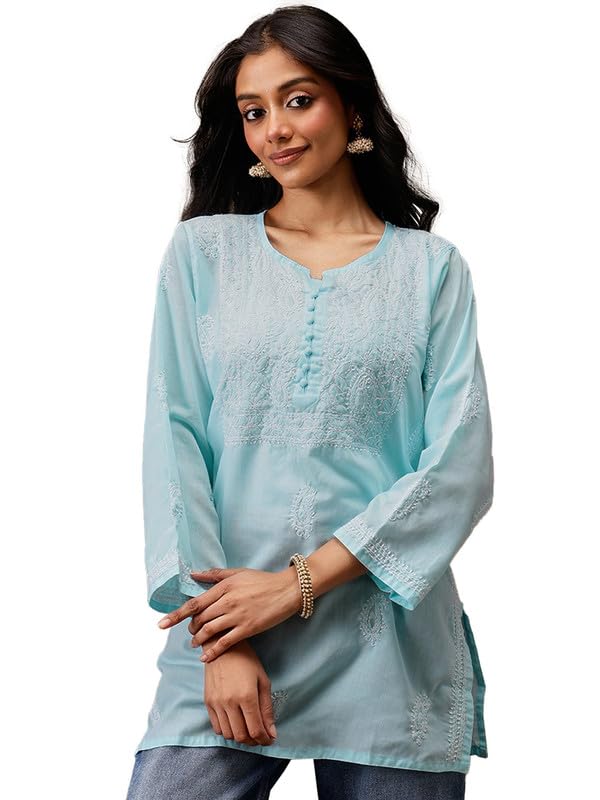 Ada Hand Embroidered Blue Cotton Short Kurta Kurti Lucknow Chikankari Top Tunic for Women A911462 (M) - Image 1