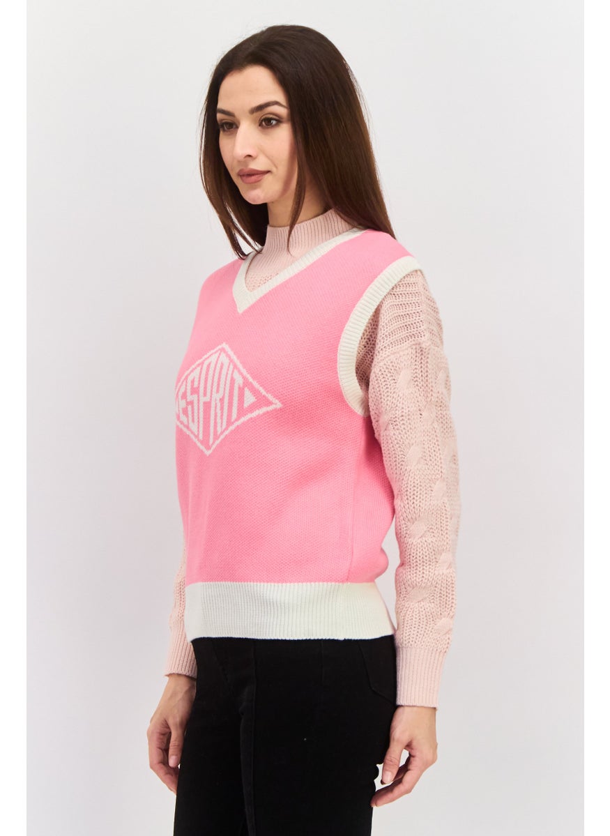 ESPRIT Women V-Neck Sleeveless Textured Sweater Vest, Pink  - Image 2