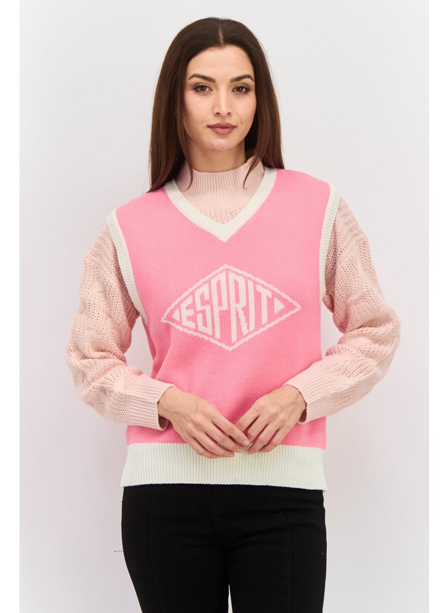 ESPRIT Women V-Neck Sleeveless Textured Sweater Vest, Pink  - Image 1