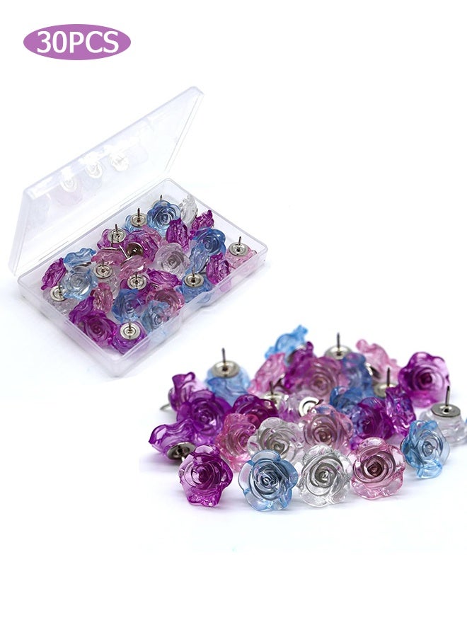 Wffo Flower Push Pins - 30 Pcs Flower Decorative Push Pins for Cork Board Purple Pink Blue Thumb Tacks for Wall Bulletin Board Travel Map or Photo Floret Tacks Home Office Supplies - Image 1