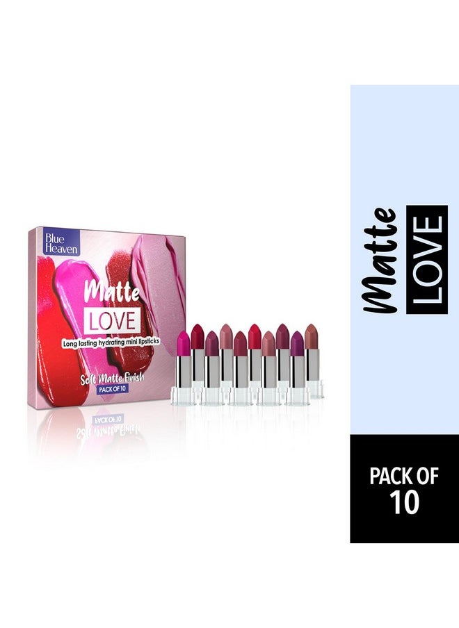 Blue Heaven - Matte Love Mini Lipsticks Pack Of 10 | Long Lasting, Hydrating & Moisturizing Mini Roll On Lipsticks For Women | Soft-Matte Finish | 13G - Image 1