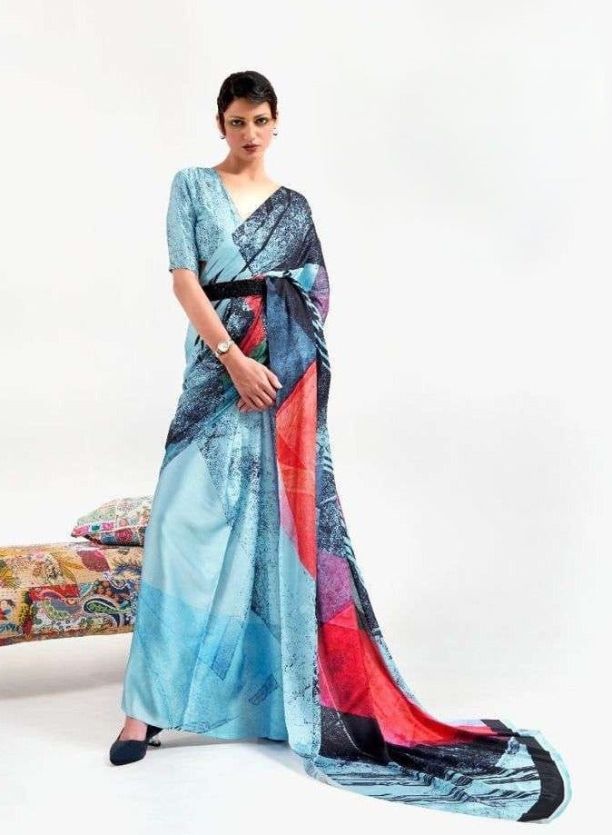 Satin Multicolour Printed Saree With Blue Base And Unstitched Blouse