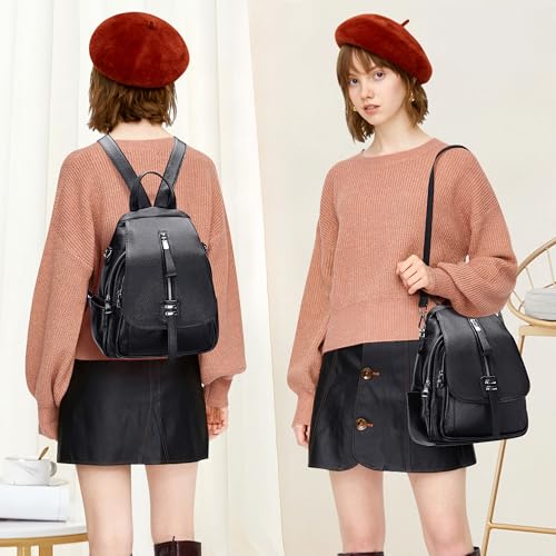 ALTOSY Genuine Leather Backpack Purse for Women Convertible Shoulder Bag with Buckle Flap (S85 Black) - Image 3