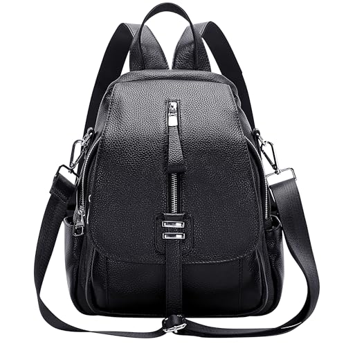ALTOSY Genuine Leather Backpack Purse for Women Convertible Shoulder Bag with Buckle Flap (S85 Black) - Image 1