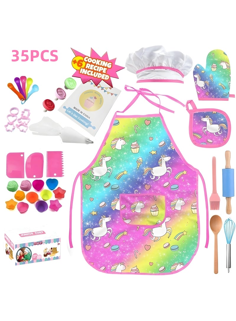 CALL PLAY 35PCS Montessori Kids Cooking Baking Set,Kids Chef Outfit Set Includes Chef Hat,Apron Mitt&Utensil for Little Girls Boys,Children Dress up Pretend Gift Chef Role Play Costume Set for Toddlert/Age 3-8  - Image 1