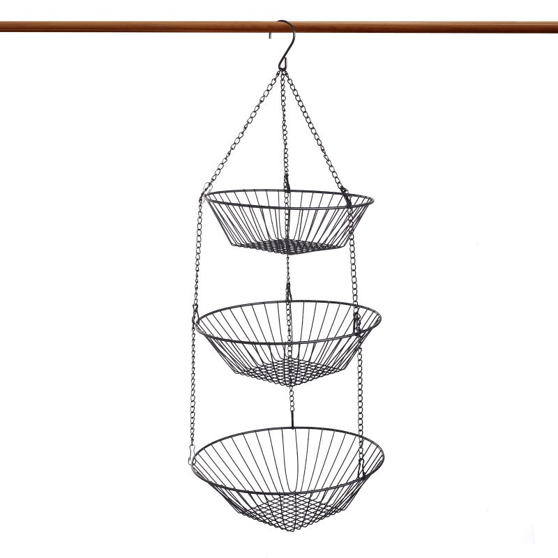 JUNCHU CHERRY 3Tier Wire Fruit Hanging Basket Kitchen Bathroom Storage Organization Basket 3M Seamless Sticker and S Wall Hook Suitable for Bathroom Kitchen Wardrobe Garden Black