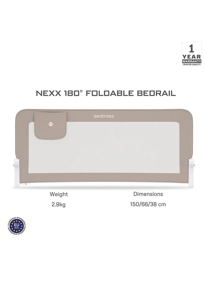 neobreez NEXX Baby Toddler Bed Fall Protection Gate Rail,   Foldable 180°| Adjustable  And  Portable Bed Safety Barrier for Flat Bed Bases Up to King Size Mattress,   150 x 66 cm | Bed Side Bedrail with Pocket