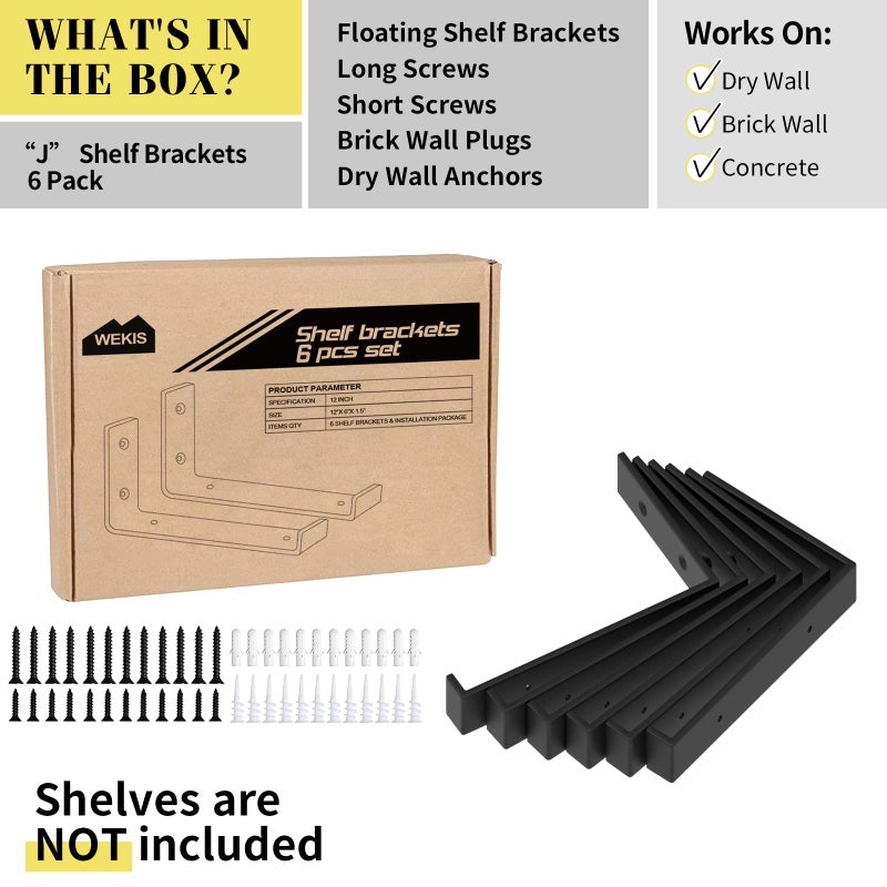 WEKIS 12 Inch Heavy Duty Floating Shelf Bracket, Wall Mounting Industrial Black Shelf Brackets, 1/5 Inch Thick Iron Metal Brackets for Shelves 6 Packs - Image 2