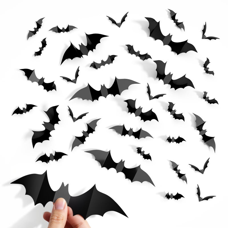 CLEANGOR 140Pcs Bats Halloween Decor, Spooky Halloween Party Supplies Stickers, 3D Bats Wall Decal, Cute Halloween Decorations Indoor for Bedroom, Bathroom, Home, Door, Window, Office - Image 1