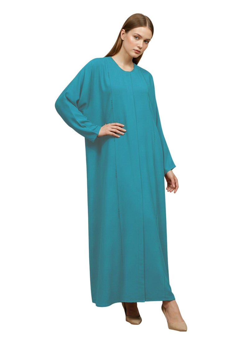 عباية نسائية أنيقة مفتوحة من الأمام بتفاصيل حجر DMC مع وشاح، عباية فاخرة قابلة للتهوية من حجر الجورجيت مع غطاء للرأس، زينة خفيفة الوزن، ملابس عربية (أزرق مخضر) - Image 1