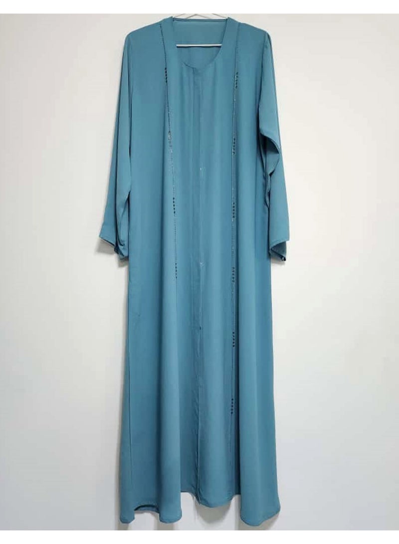 عباية نسائية أنيقة مفتوحة من الأمام بتفاصيل حجر DMC مع وشاح، عباية فاخرة قابلة للتهوية من حجر الجورجيت مع غطاء للرأس، زينة خفيفة الوزن، ملابس عربية (أزرق مخضر) - Image 2