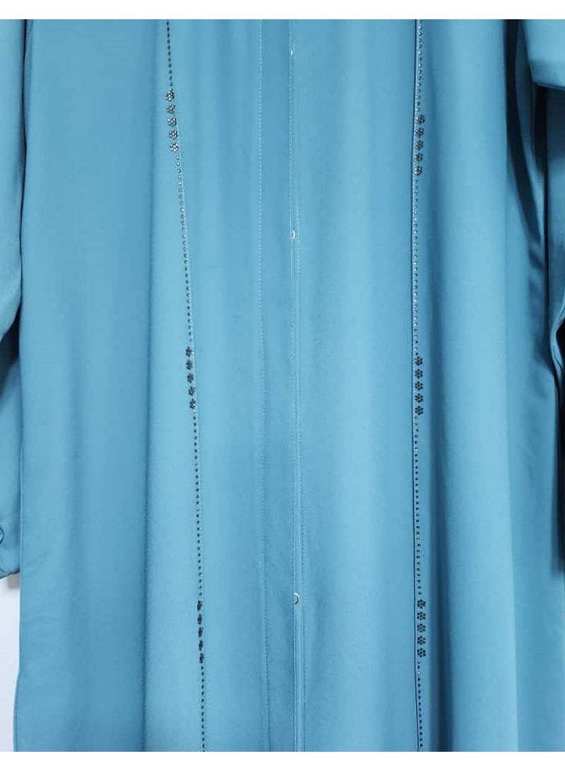 عباية نسائية أنيقة مفتوحة من الأمام بتفاصيل حجر DMC مع وشاح، عباية فاخرة قابلة للتهوية من حجر الجورجيت مع غطاء للرأس، زينة خفيفة الوزن، ملابس عربية (أزرق مخضر) - Image 3