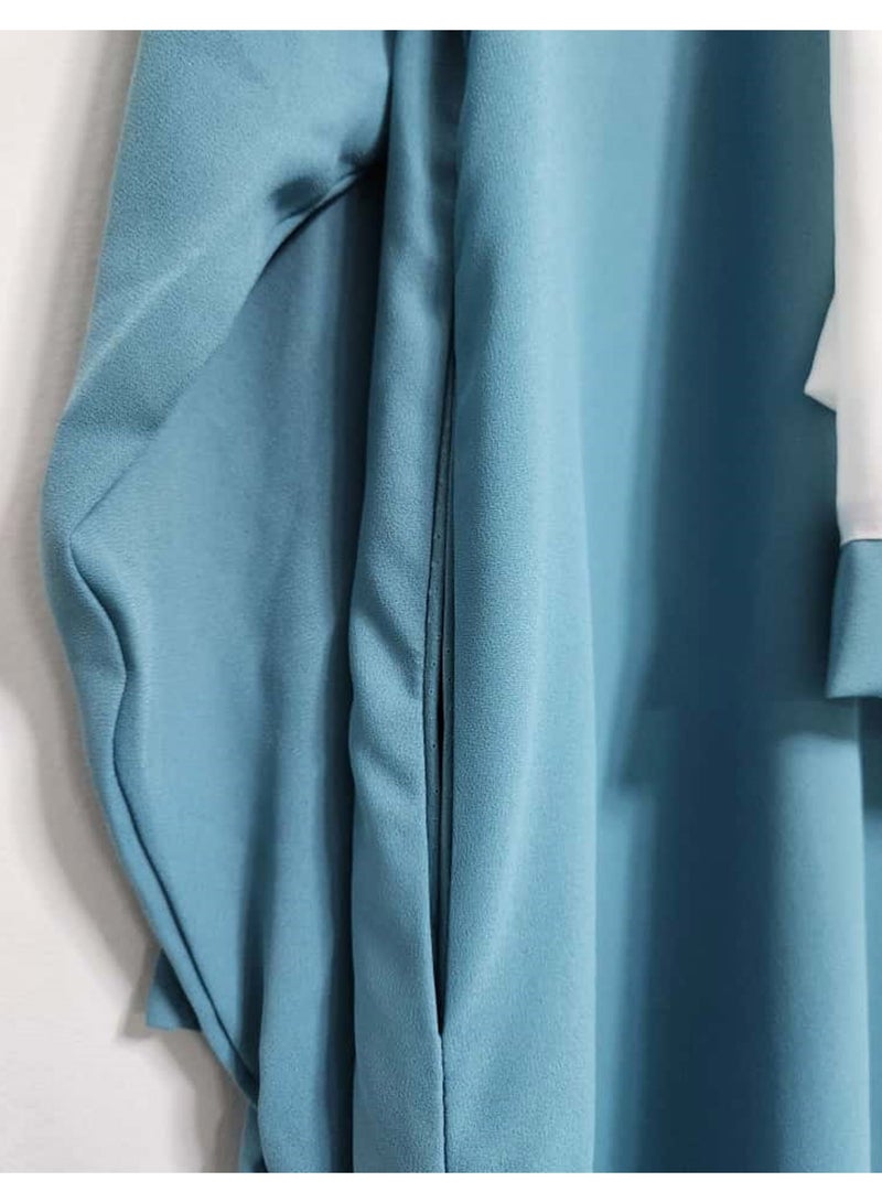 عباية نسائية أنيقة مفتوحة من الأمام بتفاصيل حجر DMC مع وشاح، عباية فاخرة قابلة للتهوية من حجر الجورجيت مع غطاء للرأس، زينة خفيفة الوزن، ملابس عربية (أزرق مخضر) - Image 4