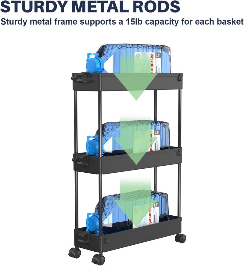 SPACELEAD SAKA Slim Storage Cart,3 Tier Bathroom Rolling Utility Cart Storage Organizer Slide Out Cart, Mobile Shelving Unit Organizer Trolley for Office Bathroom Kitchen Laundry Room Narrow Places, Black - Image 4