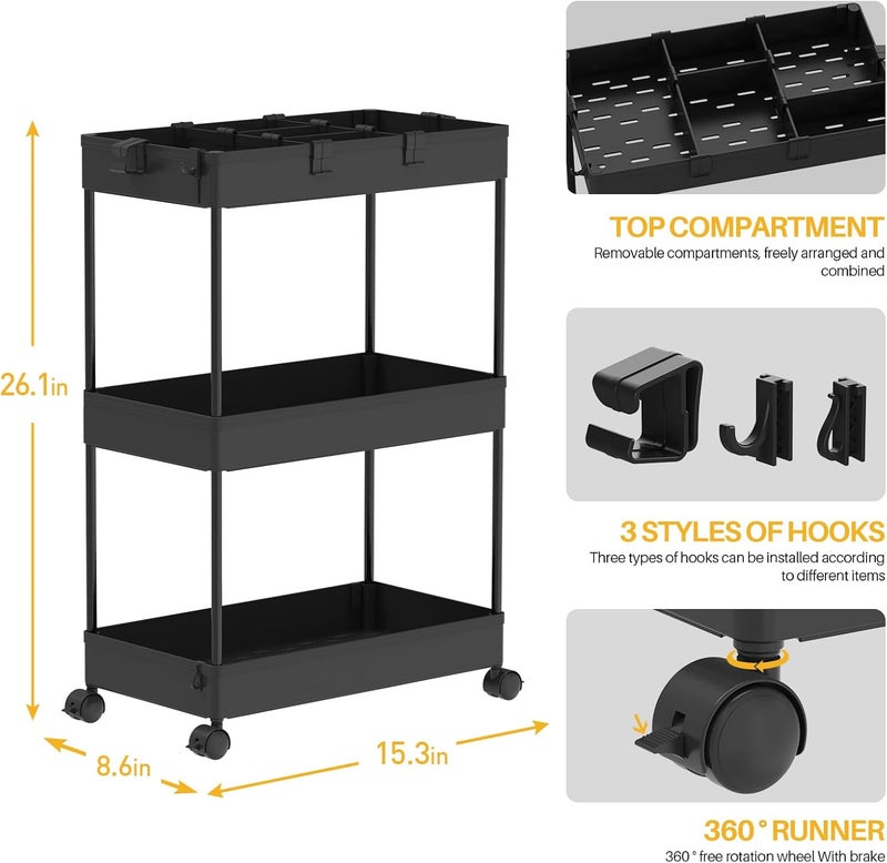 SPACELEAD SAKA Slim Storage Cart,3 Tier Bathroom Rolling Utility Cart Storage Organizer Slide Out Cart, Mobile Shelving Unit Organizer Trolley for Office Bathroom Kitchen Laundry Room Narrow Places, Black - Image 2