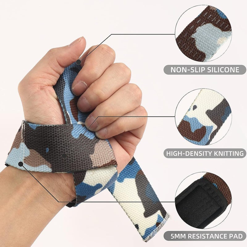 SKDK Lifting Straps Deadlift Gym Wrist Straps Weightlifting with Neoprene Cushioned Wrist Padded and Anti-Skid Silicone - for Weightlifting, Bodybuilding - Camo Blue - Image 2
