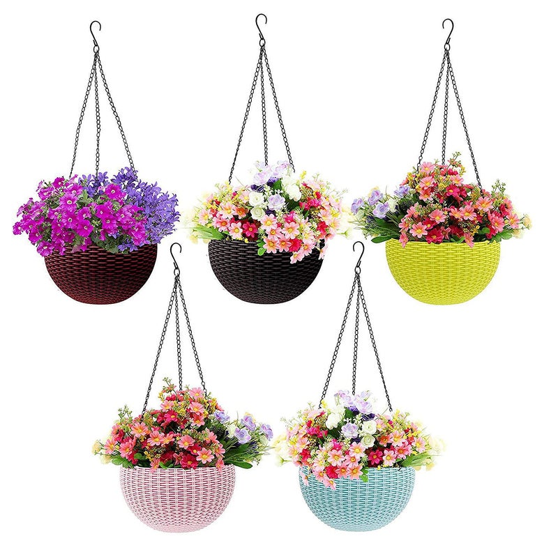 Bianco Round Rattan Woven Hanging Planters with Hanging Chain, Hanging Pots for Plants Balcony (Multicolored, Set of 5, 7.1x4.8 Inch) - Image 1