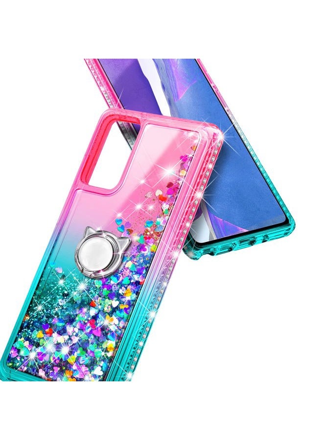 NZND Case for Samsung Galaxy A13 4G/5G with Tempered Glass Screen Protector (Maximum Coverage), Ring Holder/Wrist Strap, Glitter Liquid Floating Waterfall Durable Girls Cute Phone Case (Pink/Aqua) - Image 5