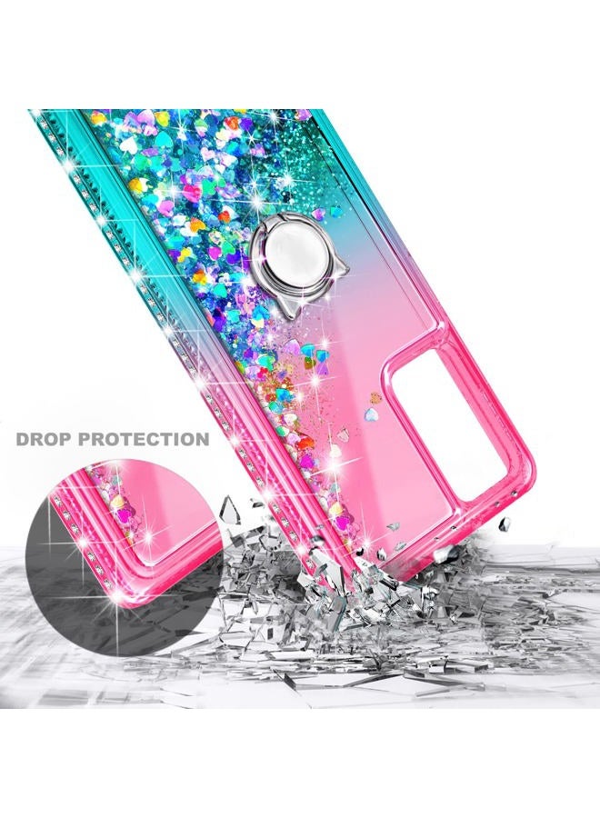 NZND Case for Samsung Galaxy A13 4G/5G with Tempered Glass Screen Protector (Maximum Coverage), Ring Holder/Wrist Strap, Glitter Liquid Floating Waterfall Durable Girls Cute Phone Case (Pink/Aqua) - Image 3