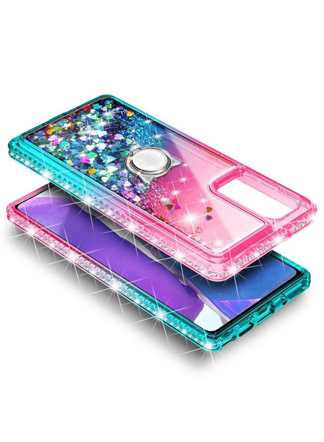 NZND Case for Samsung Galaxy A13 4G/5G with Tempered Glass Screen Protector (Maximum Coverage), Ring Holder/Wrist Strap, Glitter Liquid Floating Waterfall Durable Girls Cute Phone Case (Pink/Aqua) - Image 4