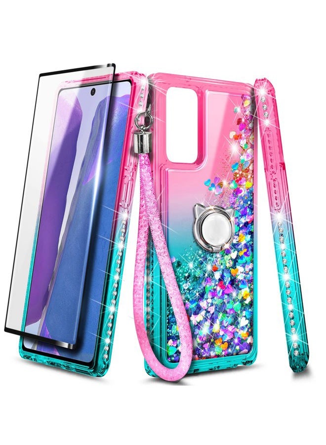 NZND Case for Samsung Galaxy A13 4G/5G with Tempered Glass Screen Protector (Maximum Coverage), Ring Holder/Wrist Strap, Glitter Liquid Floating Waterfall Durable Girls Cute Phone Case (Pink/Aqua) - Image 1