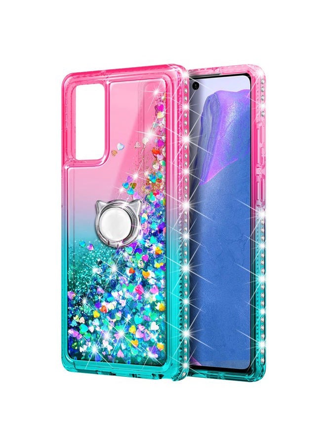 NZND Case for Samsung Galaxy A13 4G/5G with Tempered Glass Screen Protector (Maximum Coverage), Ring Holder/Wrist Strap, Glitter Liquid Floating Waterfall Durable Girls Cute Phone Case (Pink/Aqua) - Image 2