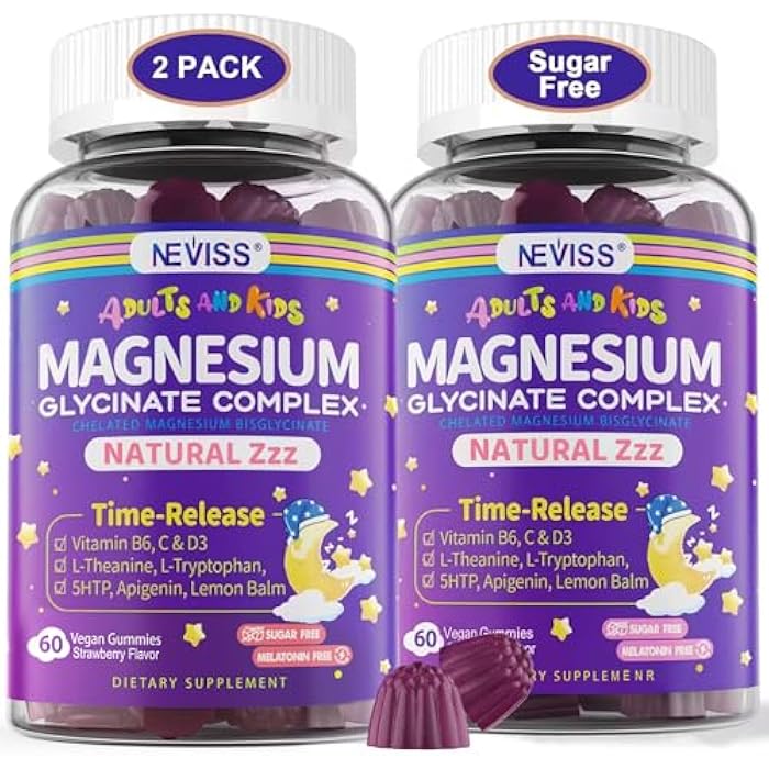 NEVISS Magnesium Glycinate Gummies for Adults & Kids 4+, Sugar Free Magnesium Bisglycinate Supplement 400/200mg with B6D3, 5HTP, L-Theanine for Sleep & Relaxation, Brain, Muscle, Melatonin Free Gummies,2Pack - Image 1