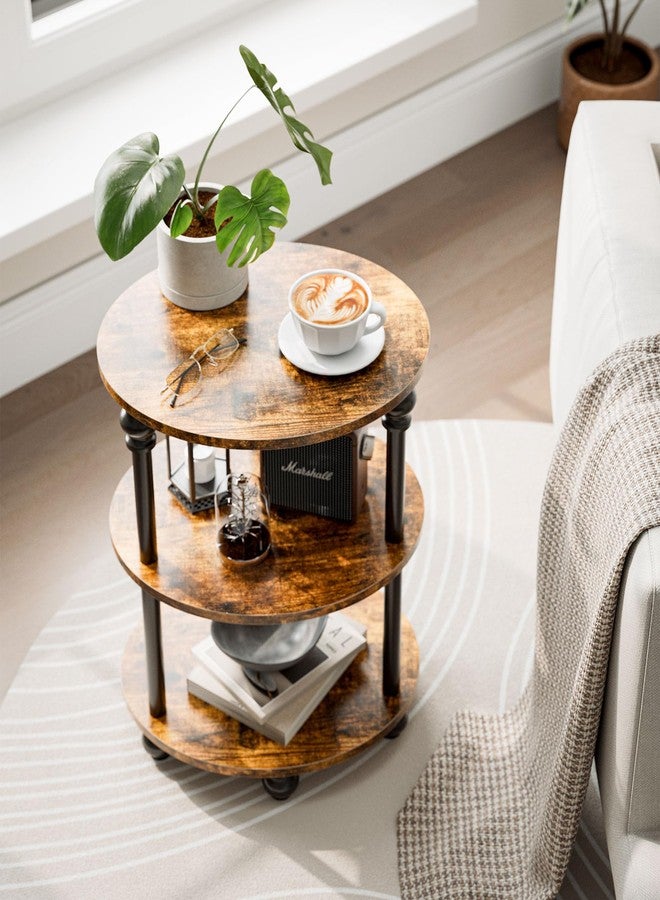 RISWER Small Round Side Table - 3 Tier Accent End Table for Narrow Spaces, Sturdy Metal Frame with Wood Finish and 44 Lbs Capacity per Shelf, Nightstand or Bedside Use for Living Room, Rustic Brown - Image 5