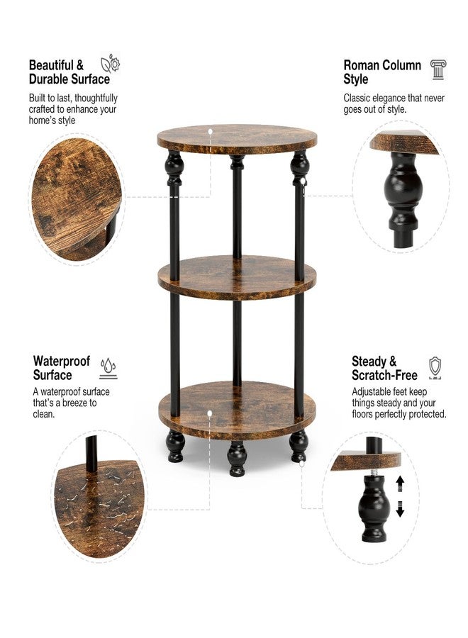 RISWER Small Round Side Table - 3 Tier Accent End Table for Narrow Spaces, Sturdy Metal Frame with Wood Finish and 44 Lbs Capacity per Shelf, Nightstand or Bedside Use for Living Room, Rustic Brown - Image 3