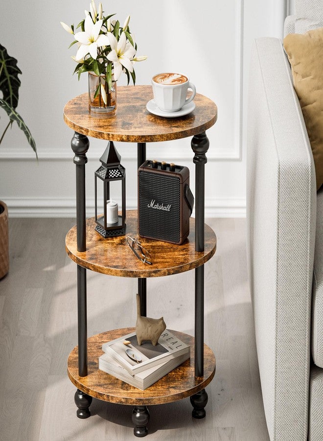 RISWER Small Round Side Table - 3 Tier Accent End Table for Narrow Spaces, Sturdy Metal Frame with Wood Finish and 44 Lbs Capacity per Shelf, Nightstand or Bedside Use for Living Room, Rustic Brown - Image 1