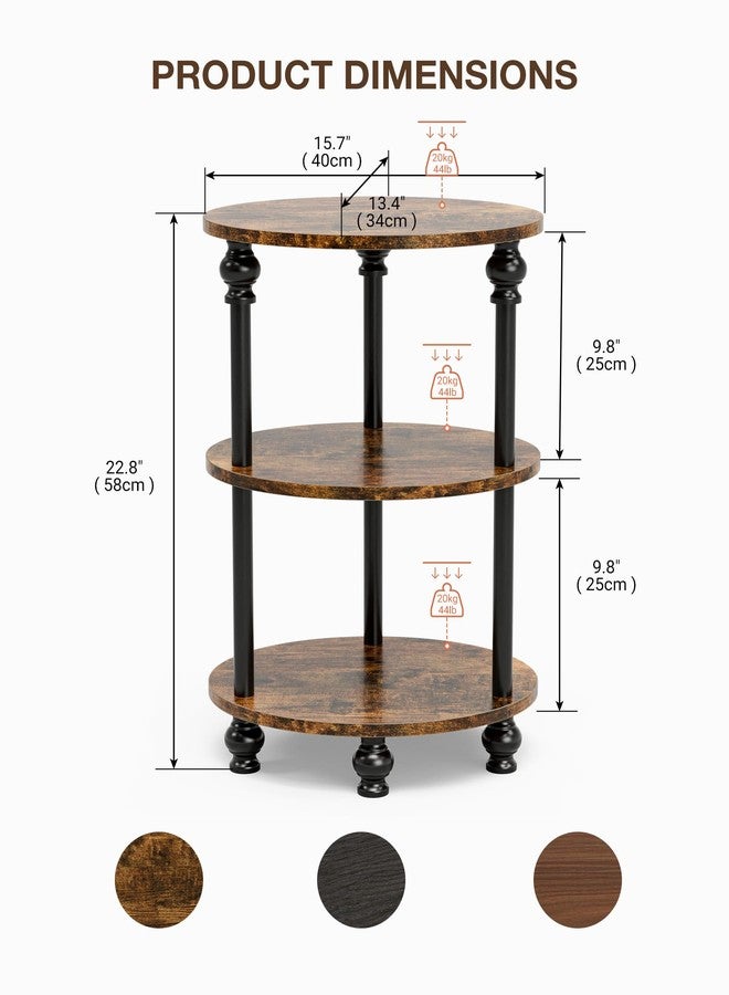 RISWER Small Round Side Table - 3 Tier Accent End Table for Narrow Spaces, Sturdy Metal Frame with Wood Finish and 44 Lbs Capacity per Shelf, Nightstand or Bedside Use for Living Room, Rustic Brown - Image 2