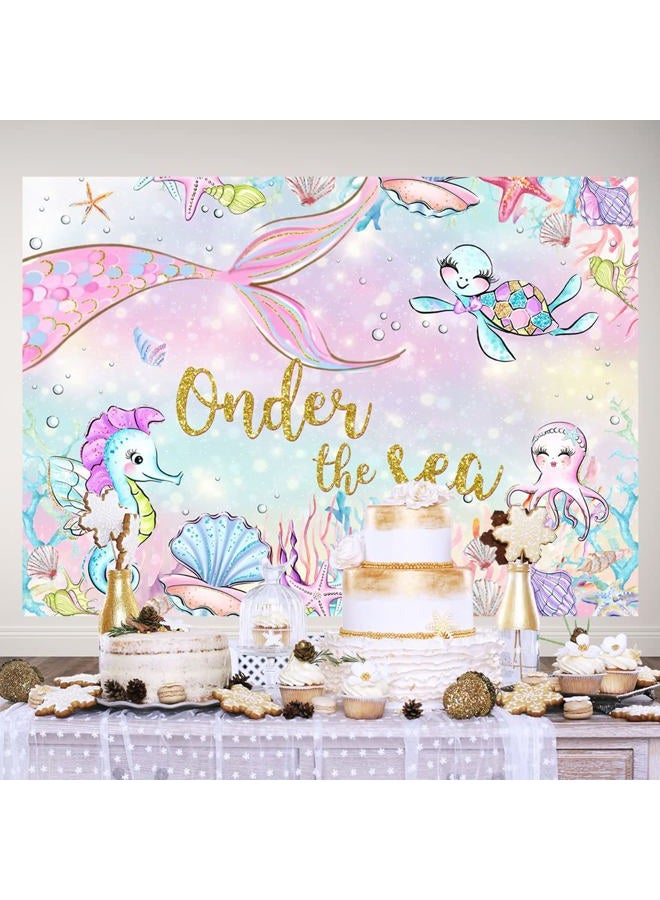 Lofaris 7x5ft Onder The Sea Photography Backdrop for Girls 1st Little Mermaid Birthday Party Hippocampus Shell Turtle Coral Background Happy Birthday Banner Cake Table Decorations Photo Booth Props - Image 4