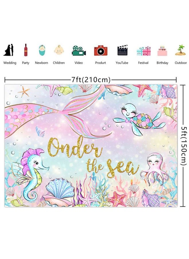 Lofaris 7x5ft Onder The Sea Photography Backdrop for Girls 1st Little Mermaid Birthday Party Hippocampus Shell Turtle Coral Background Happy Birthday Banner Cake Table Decorations Photo Booth Props - Image 5