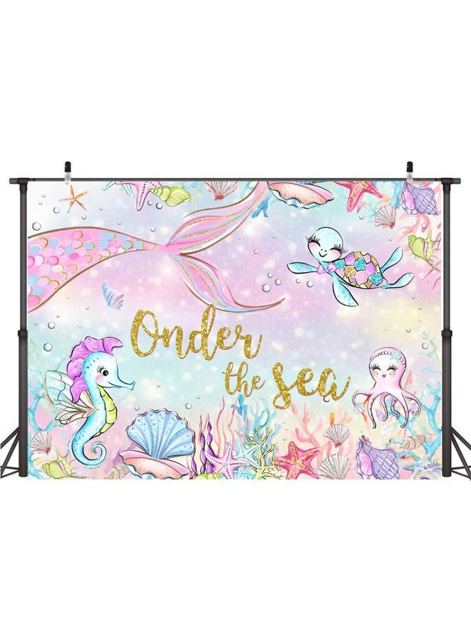 Lofaris 7x5ft Onder The Sea Photography Backdrop for Girls 1st Little Mermaid Birthday Party Hippocampus Shell Turtle Coral Background Happy Birthday Banner Cake Table Decorations Photo Booth Props - Image 2