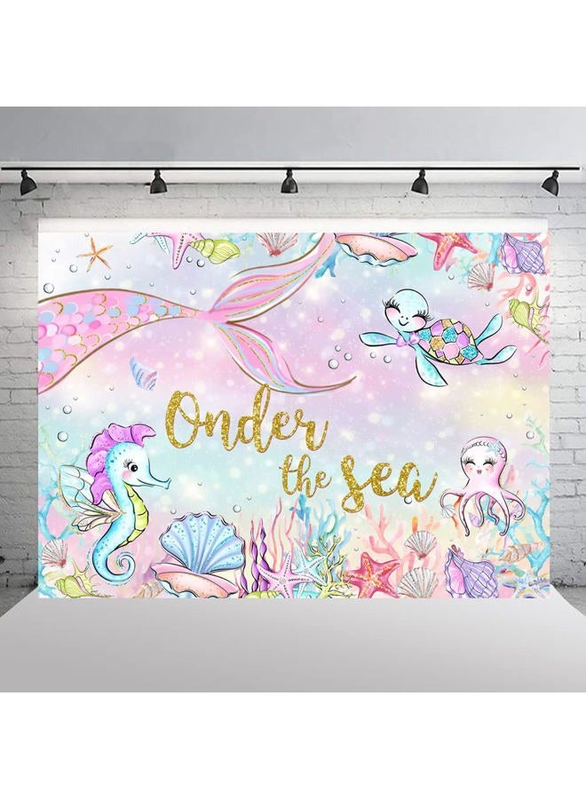 Lofaris 7x5ft Onder The Sea Photography Backdrop for Girls 1st Little Mermaid Birthday Party Hippocampus Shell Turtle Coral Background Happy Birthday Banner Cake Table Decorations Photo Booth Props - Image 3