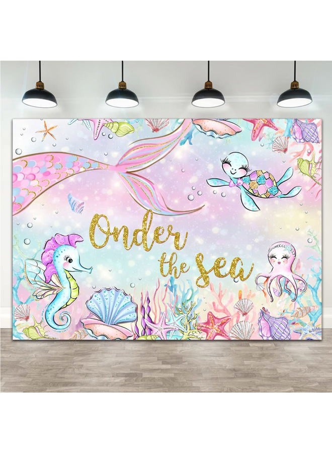 Lofaris 7x5ft Onder The Sea Photography Backdrop for Girls 1st Little Mermaid Birthday Party Hippocampus Shell Turtle Coral Background Happy Birthday Banner Cake Table Decorations Photo Booth Props - Image 1