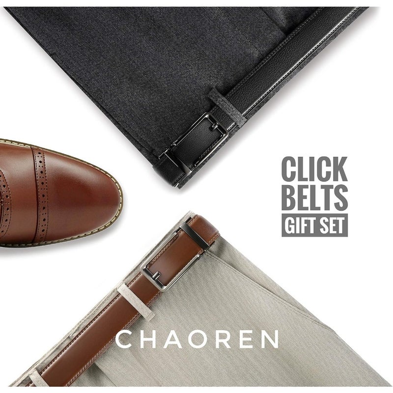 Chaoren Click Belts for Men 2 PCS Ratchet Leather Belt 1.375 Inch Dress and Casual Use Micro Adjustable Fit Home Office Travel - Image 2