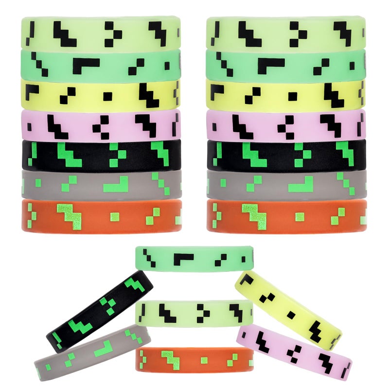RUISUER Pixel Party Favors 28Pcs Pixel Silicone Bracelets Glow in The Dark Pixel Wristband for Pixel Theme Kids Birthday Party Decorations Supplies - Image 3