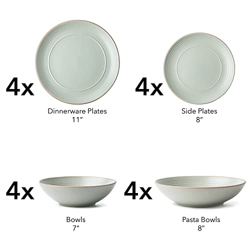 ARORA RINGAR Round Stoneware 16pc Double Bowl Dinnerware Set for 4, Dinner Plates, Side Plates, Cereal Bowls, Pasta Bowls - Speckle Matte White (405878) - Image 3