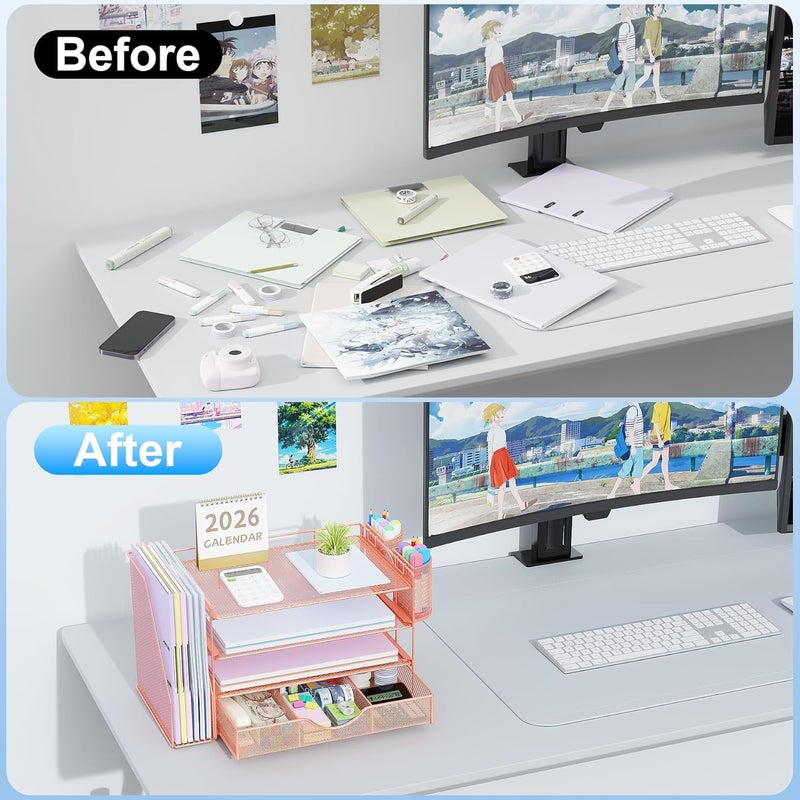 gianotter Paper Letter Tray Organizer with File Holder, 4-Tier Desk Accessories & Workspace Desk Organizers with Drawer and 2 Pen Holder for Office Supplies (Rose Gold) - Image 2