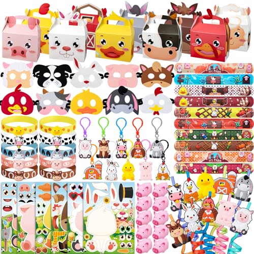 DMIGHT Farm Animals Birthday Party Favors Set 82 PCS Barnyard Animal Masks Sticker Keychains Straw Slap wristbands Rubber Pigs Gift for Kids Birthday Party Baby Shower Goodie Bag Filles Supplies - Image 1