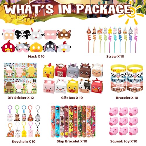 DMIGHT Farm Animals Birthday Party Favors Set 82 PCS Barnyard Animal Masks Sticker Keychains Straw Slap wristbands Rubber Pigs Gift for Kids Birthday Party Baby Shower Goodie Bag Filles Supplies - Image 5