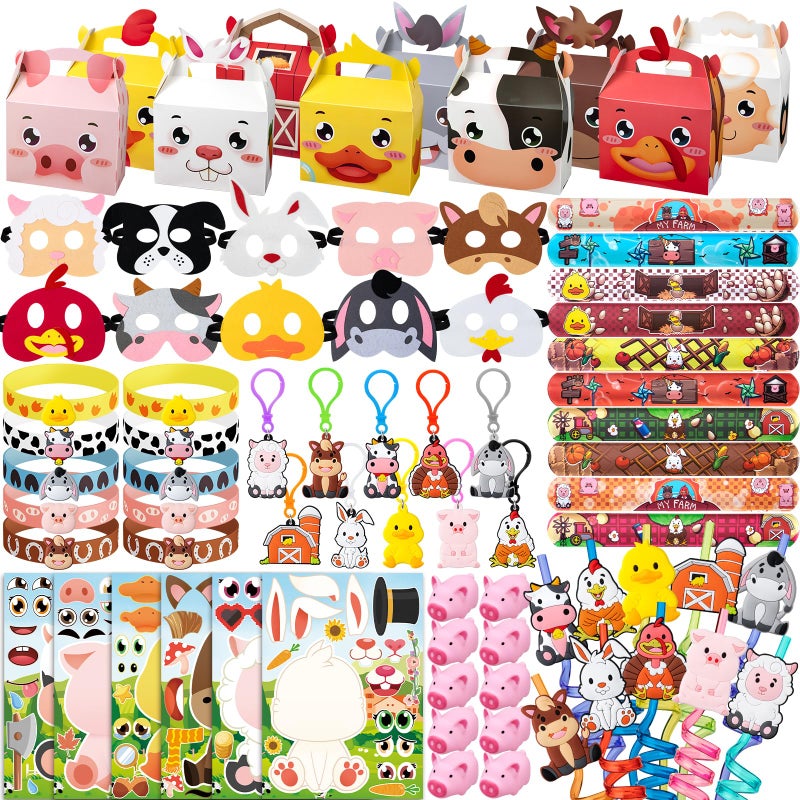 DMIGHT Farm Animals Birthday Party Favors Set 82 PCS Barnyard Animal Masks Sticker Keychains Straw Slap wristbands Rubber Pigs Gift for Kids Birthday Party Baby Shower Goodie Bag Filles Supplies - Image 2