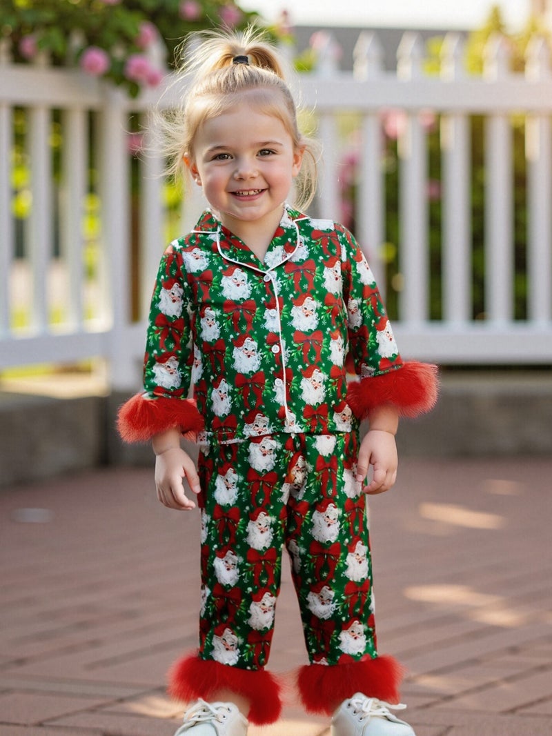 Girls Pajamas Set Feather Trim Christmas Print Button up Long Sleeves Shirt with Elastic Pants for Loungewear Sleepwear - Image 1