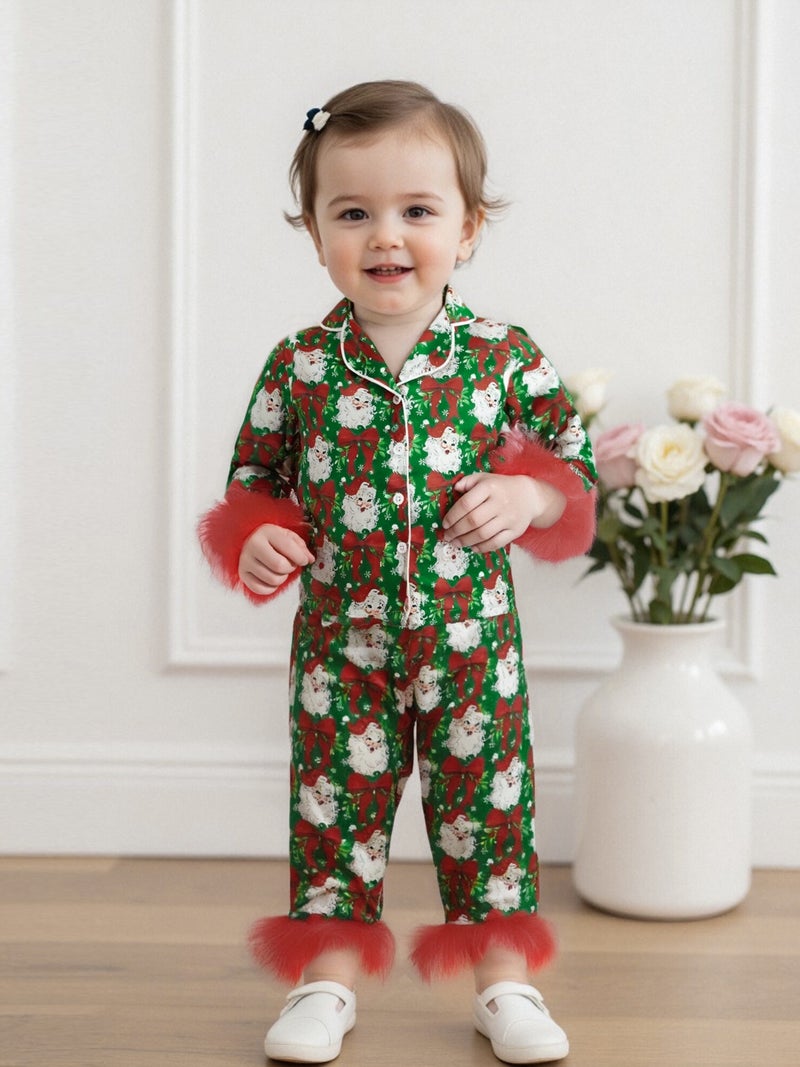 Girls Pajamas Set Feather Trim Christmas Print Button up Long Sleeves Shirt with Elastic Pants for Loungewear Sleepwear - Image 2
