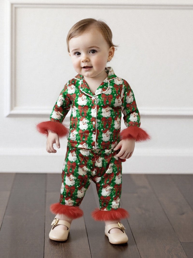 Girls Pajamas Set Feather Trim Christmas Print Button up Long Sleeves Shirt with Elastic Pants for Loungewear Sleepwear - Image 3